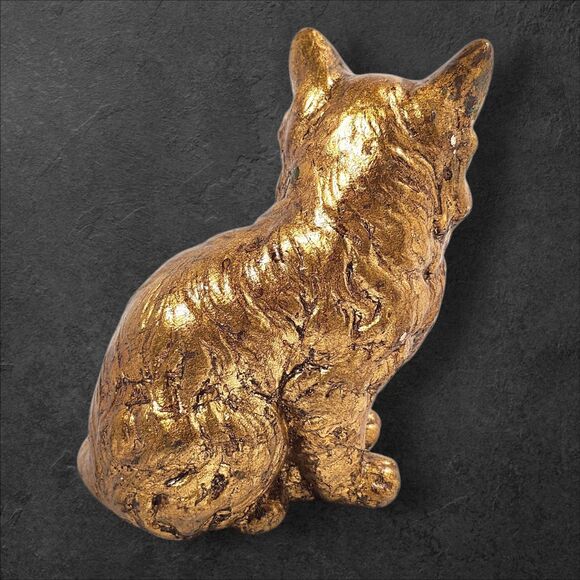 Vintage Red Mill Gold Resin Cat Figurine 5¼″ Green Sequin Eyes Handcrafted USA - Picture 3 of 9